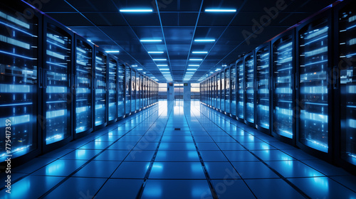 High Tech Data Center with Rows of Server Racks and Blue Lighting