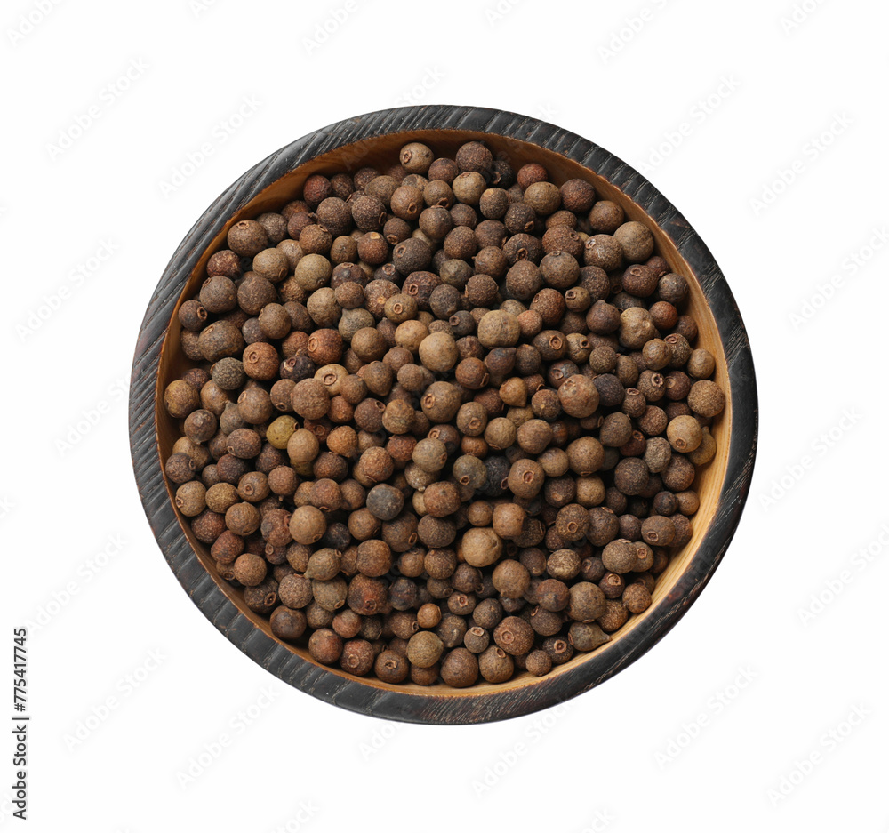 Dry allspice berries (Jamaica pepper) in bowl isolated on white, top view Dry allspice berries (Jamaica pepper) in bowl isolated on white, top view
