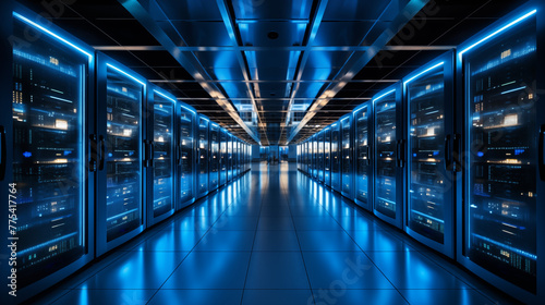 Illuminated Server Room in Data Center