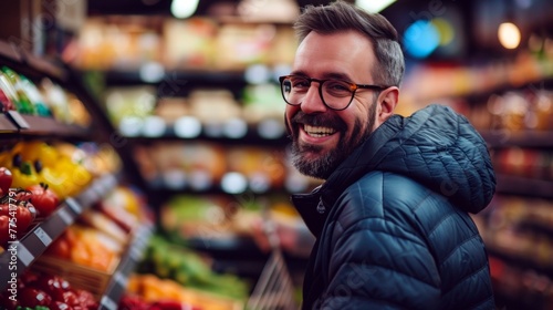 A male shopper in a grocery store shopping for food. photo