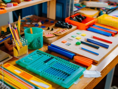 Special education tools on a desk, close-up of tactile learning materials designed for all students.