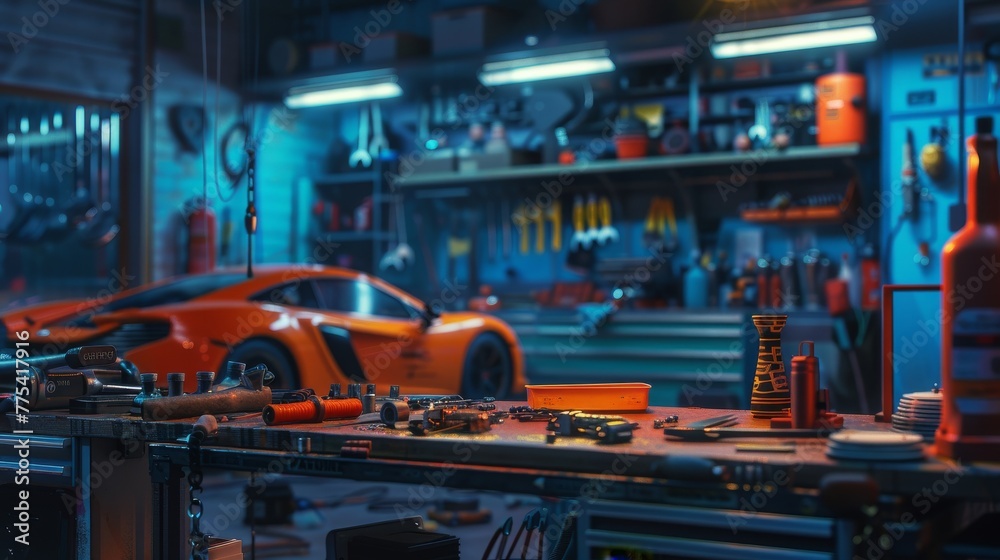 Toy car and tools on the table in garage , car master background. Toy car and tools on the table in garage , car master background.