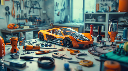 Toy car and tools on the table in garage .
