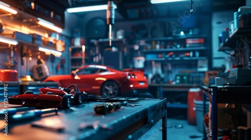 Toy car and tools on the table in garage , car master background.