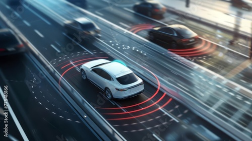Autonomous car sensor systems for driverless safety, adaptive cruise control, smart transportation technology, 3d rendering