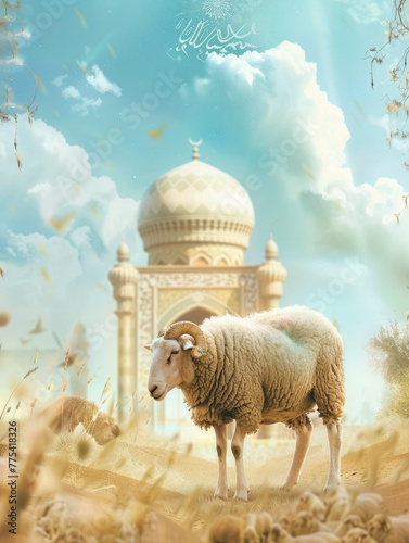 Sacred Sacrifice- Eid Al Adha Mubarak Background with Sheep and Islamic Prayer and copy space - generative ai © Nia™