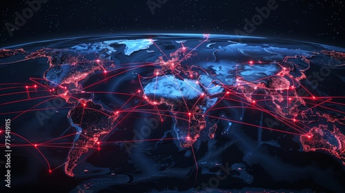 a flat map of the globe with cargo ship routes, or network communications