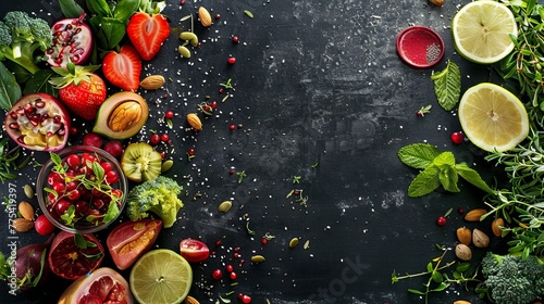Food ingredients for blending smoothie or juice on painted glass on black chalkboard. Top view with copy space. Organic fruits, vegetables, nuts, seeds. Vegan, detox, clean eating concept. 