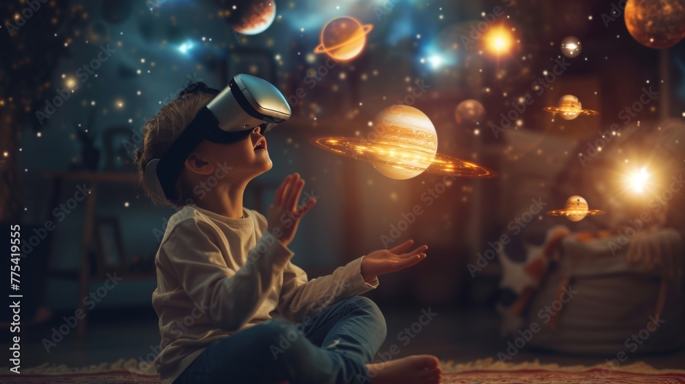 A little boy is in a virtual fantasy space universe with planet when wearing VR headset.