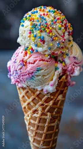 Italian gelato or ice cream, sprinklesscoops in a long and small shaped waffle cone, 