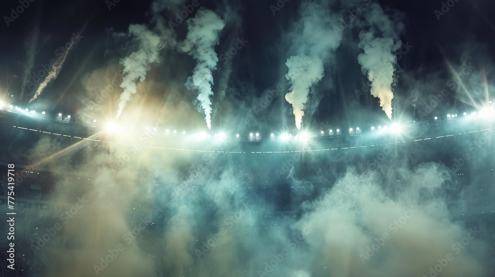 Bright stadium arena lights shining through smoke, dramatic night scene
