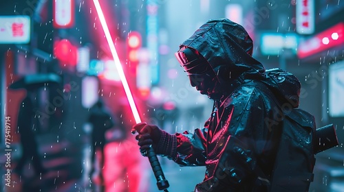 Duo samurai battle futuristic samurai use light saber neon blade photo