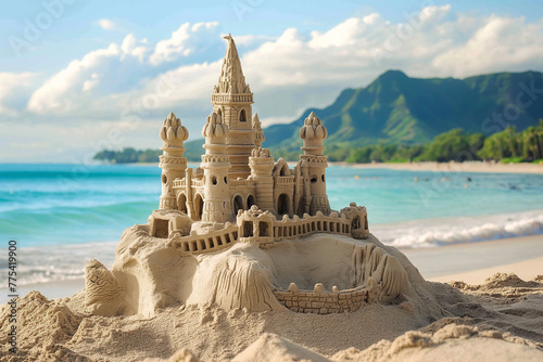 sand castle on beautiful exotic beach in vacation, generative AI