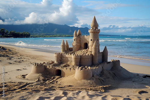 sand castle on beautiful exotic beach in vacation, generative AI