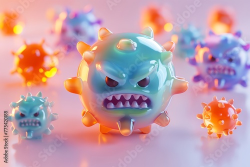 Captivating image of animated virus characters with angry expressions set against a vivid backdrop