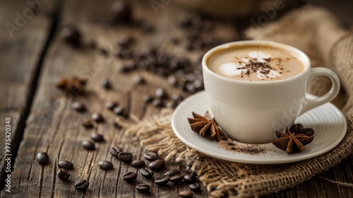 In a cozy coffee shop  a delightful cup of cappuccino coffee is beautifully presented on a rustic wooden background. 
