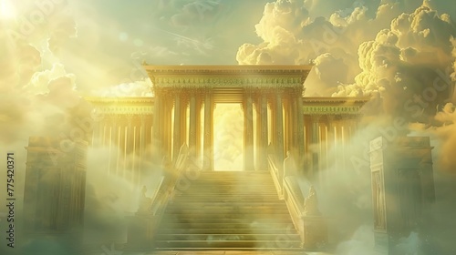 Celestial Temple with Golden Columns in Cloudy, Foggy Environment Illustration