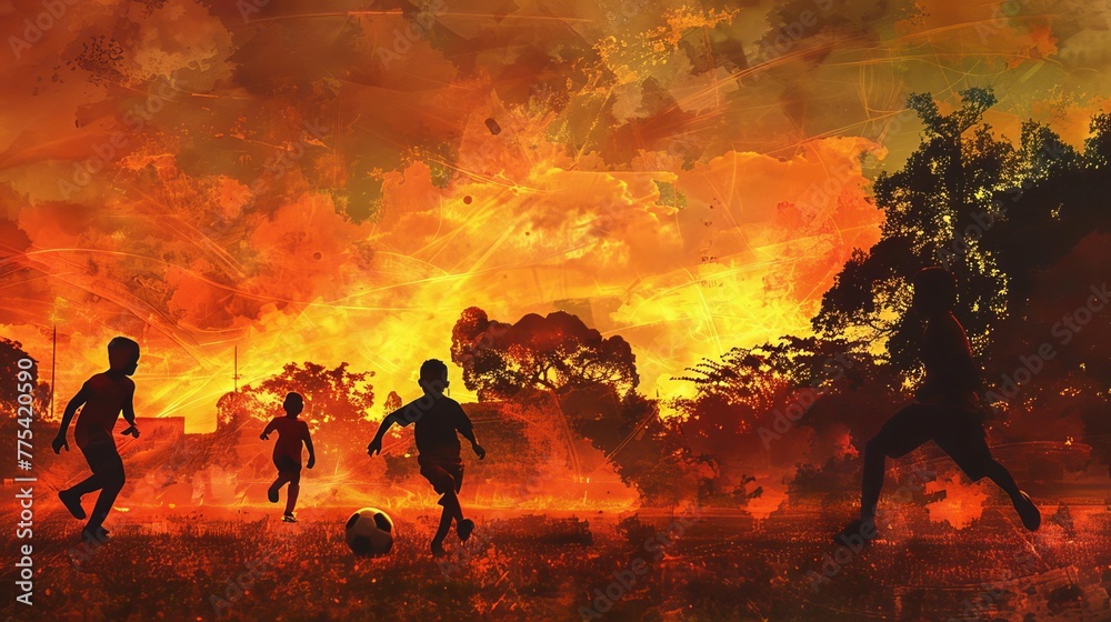Children playing soccer in a vibrant park at sunset, silhouetted against a fiery orange sky, digital painting Children playing soccer in a vibrant park at sunset, silhouetted against a fiery orange sky, digital painting