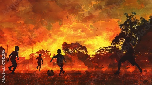 Children playing soccer in a vibrant park at sunset  silhouetted against a fiery orange sky  digital painting