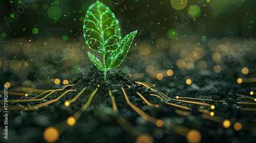 Circuit board tree sprouting from soil, green computing concept, digital art with wireframe
