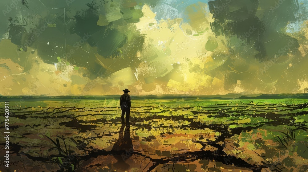 Climate change impact, contrast of lush green fields and barren dry land, farmer silhouette in changing landscape, environmental awareness concept, digital painting - obrazy, fototapety, plakaty 