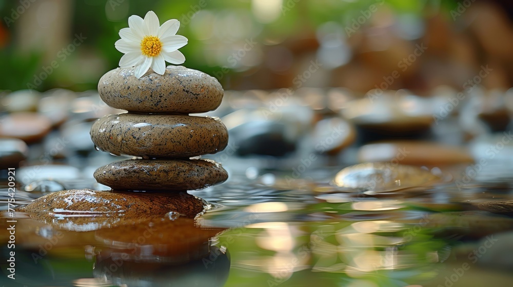 Obraz premium Rocks pile by water's edge, crowned with a single bloom