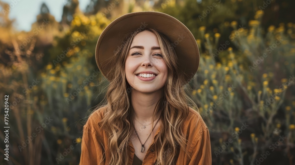 Close-Up High-Resolution Image of Young Happy Woman Wearing Hat and Casual Outfit, Lifestyle Photography