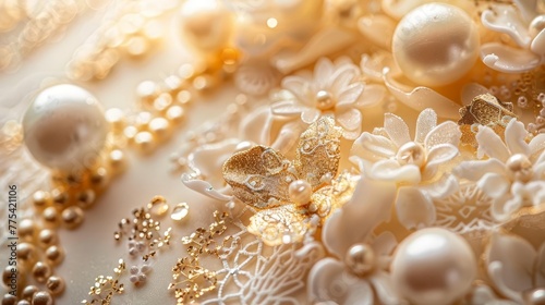 Closeup of an exquisite dessert with delicate sugar lace, shimmering pearls, and edible gold leaf, created by a master pastry chef, food photography