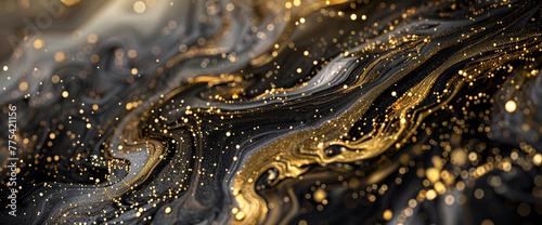 Close-up perspective of marble ink swirling amidst a flurry of shimmering glitters, evoking a sense of dynamic movement and energy.