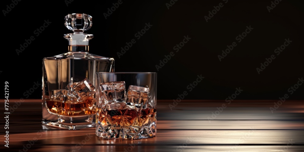 whiskey decanter with glasses of ice on wooden table Generative AI