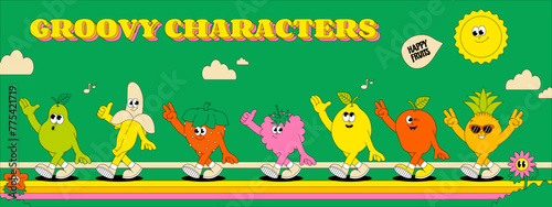 Summer Fruits. Retro groovy banner. Comic characters strawberry, lemon, banana, apple, pineapple, pear, raspberry and more. Vector illustration.