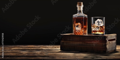 bottle of whiskey with glasses of ice on a wooden table Generative AI photo