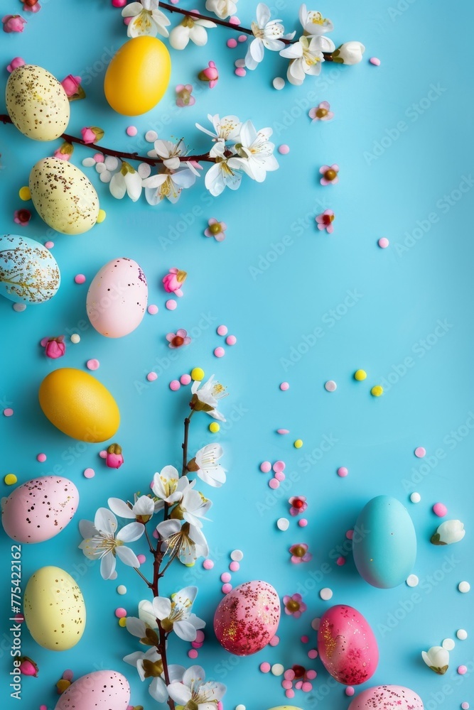 Easter background with eggs and flowers Generative AI