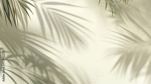 Blurred shadow from palm leaves on light cream wall. Minimalistic beautiful summer spring background for product presentation. 