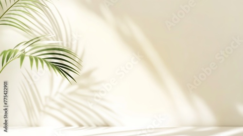 Blurred shadow from palm leaves on light cream wall. Minimalistic beautiful summer spring background for product presentation. 