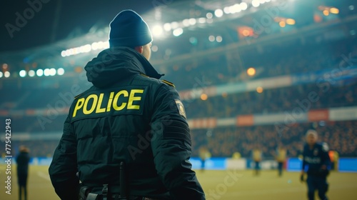 Portrait of a male police officer in a sport stadium on duty