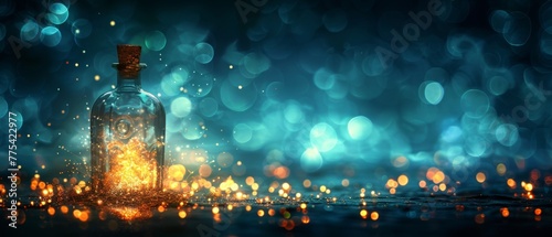   A golden liquid in a bottle sits on a table near a heap of glittering flecks photo