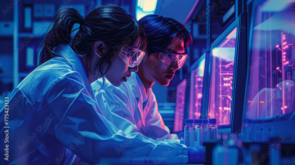 Two Asian researches wearing lab coats and safety goggles working together in an advanced laboratory