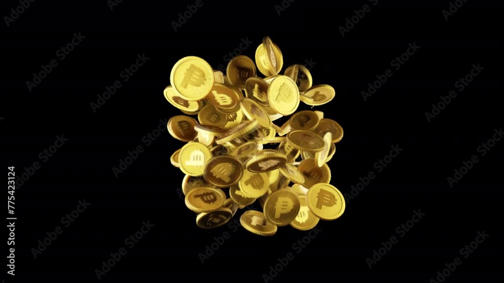 gold peso coins appear on a transparent background. Growing investments. 3d animation