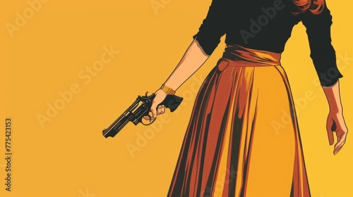 Vintage comic book style of an elegant long skirt female holding a revolver pistol