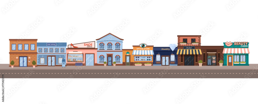 Cityscape with flat urban buildings. Horizontal banner with municipal post office, jewelry, boutique, optics store, shoe store, beauty salon on white background. Vector illustration.