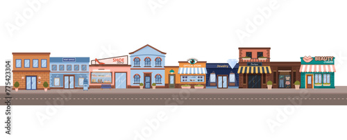 Cityscape with flat urban buildings. Horizontal banner with municipal post office, jewelry, boutique, optics store, shoe store, beauty salon on white background. Vector illustration.