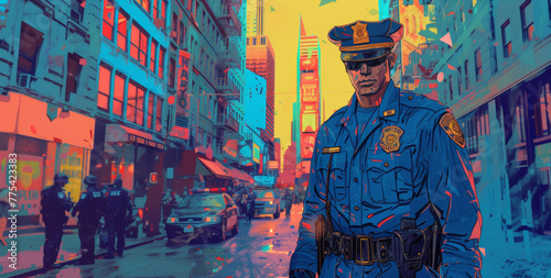 Vector illustration of police officer patrolling street. Comic book. photo
