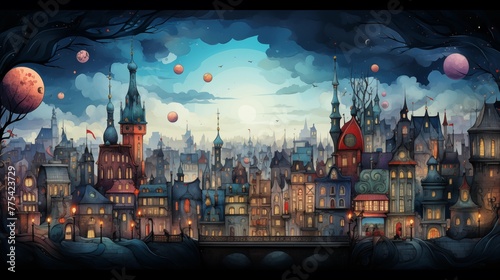Detailed illustration of a whimsical cityscape with Easter eggs hidden among the buildings #775423729