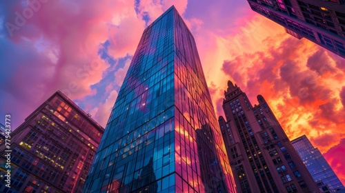 Glass tower mirrors sunset, old buildings in front, colorful sky. Sunset lights up modern skyscraper, older houses in the scene.