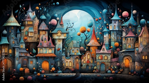 Detailed illustration of a whimsical cityscape with Easter eggs hidden among the buildings