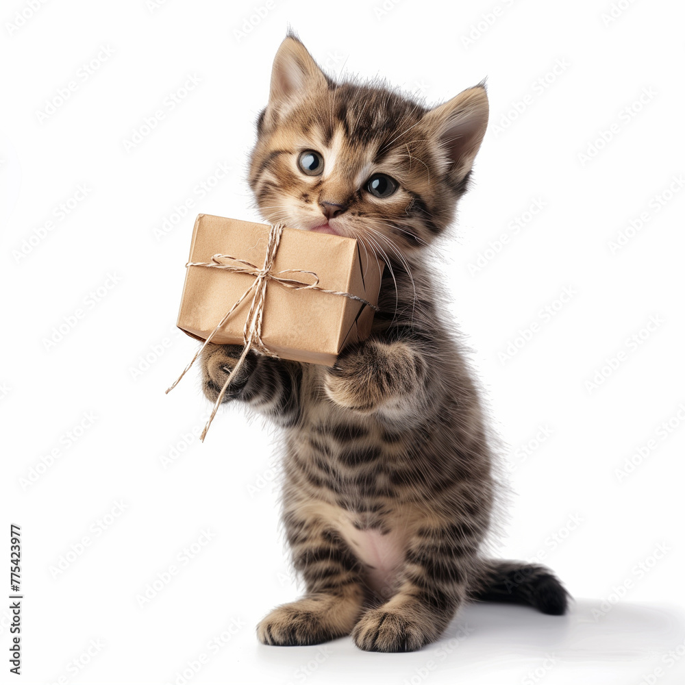 Cute baby cat holding a small present and looking at you, realistic 3d illustration isolated on white background. A funny mocha mousse color kitten for postcard and greeting cards. Cute baby cat holding a small present and looking at you, realistic 3d illustration isolated on white background. A funny mocha mousse color kitten for postcard and greeting cards.
