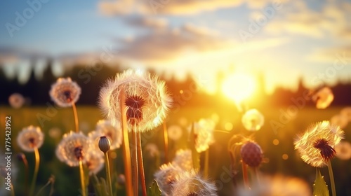 Beautiful fluffy dandelions on the meadow with golden morning sunrise. Nature landscape background.