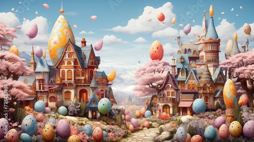 Detailed illustration of a whimsical Easter egg village with tiny inhabitants going about their day