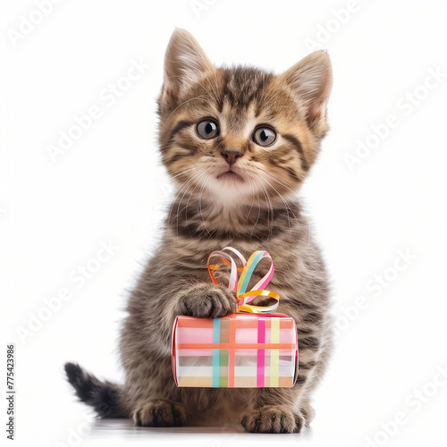 Adorable realistic cute baby cat hol lding a small present and looking at you, realistic 3d illustration isolated on white background. A small funny sitting kitten for postcard and greeting cards. photo